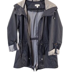 Susan Graver Navy Polka Dot Hooded Packable Rain Jacket with full zip front S
